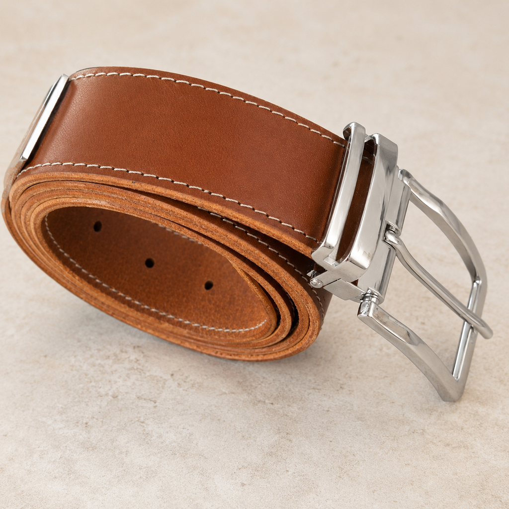 Ceinture artisanale en cuir - boucle couleur argent - 35 mm de largeur
