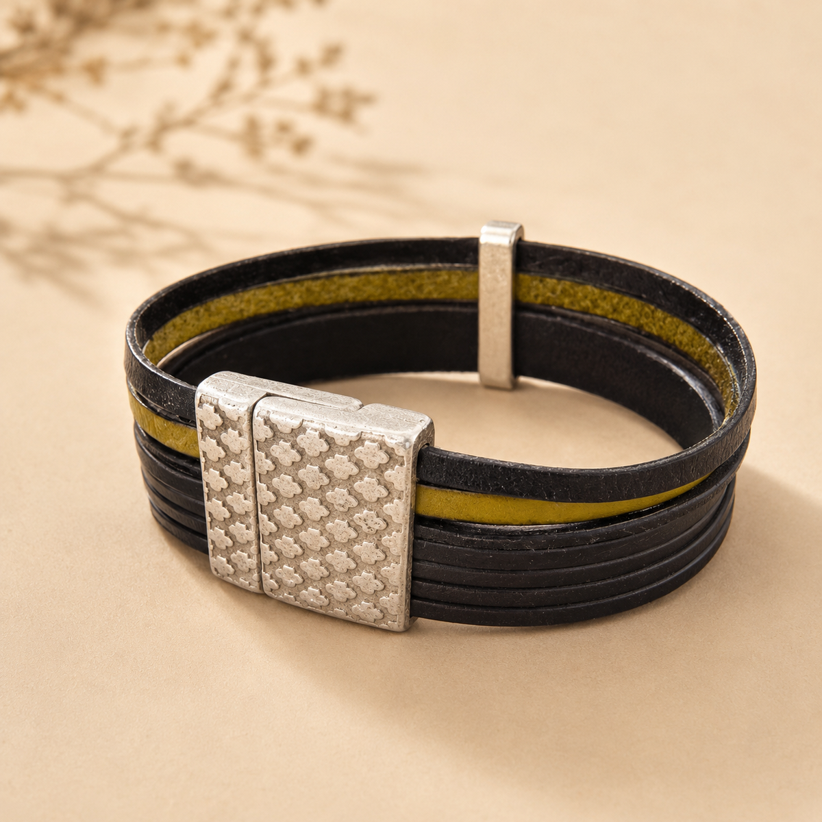 Bracelet multirang en cuir noir et vert – Fermoir argenté - Taille XL