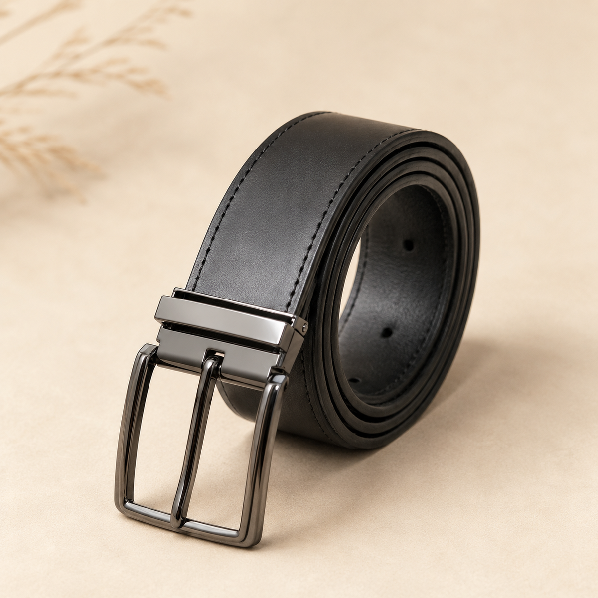 Ceinture en cuir noir 35 mm – Boucle noire et argentée