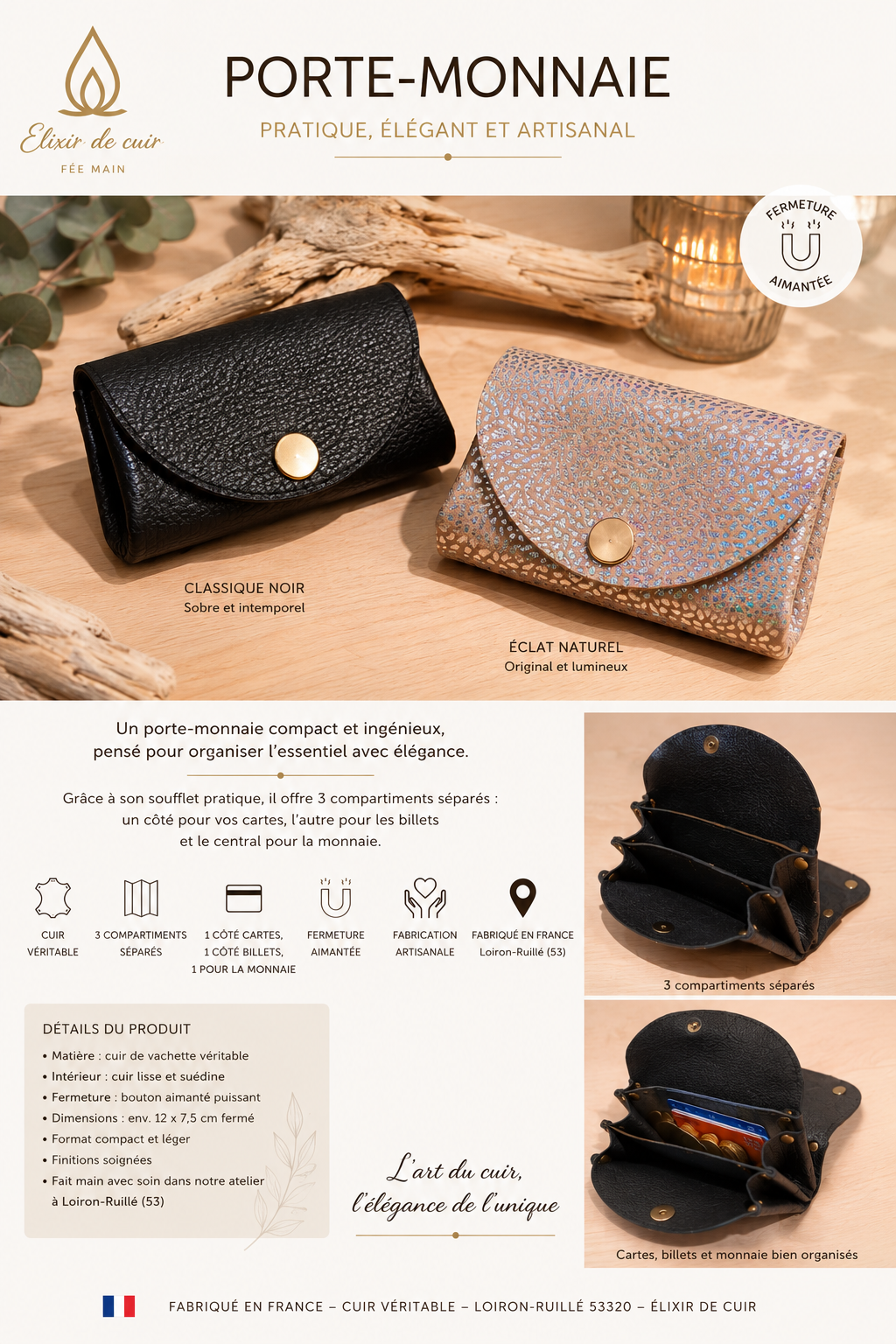 Porte-monnaie en cuir – 3 compartiments