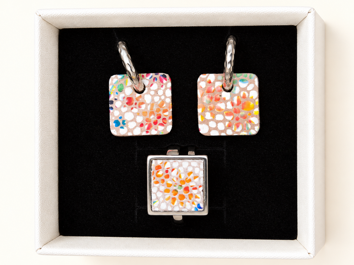 Coffret bijoux en cuir – Boucles d’oreilles et bague assortie